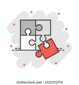 Cartoon puzzle icon in comic style. Jigsaw sign illustration pictogram. Toy game splash business concept.