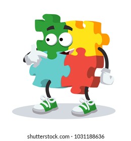 cartoon puzzle mascot showing himself on a white background