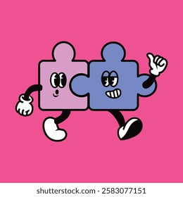 Cartoon puzzle pieces with faces, arms, and legs, one pink, one blue, walking together on a pink background. Playful, fun, cartoon puzzle characters. Funky vector illustration.