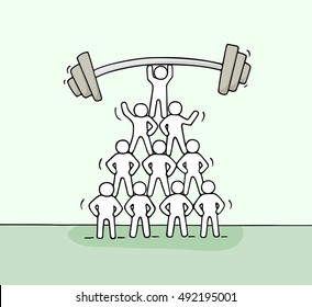 Cartoon pyramid of working little people. Doodle cute miniature teamwork with barbell up. Hand drawn vector illustration for business an financial design.