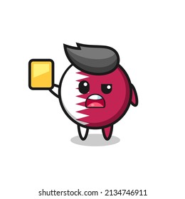 cartoon qatar flag badge character as a football referee giving a yellow card , cute style design for t shirt, sticker, logo element