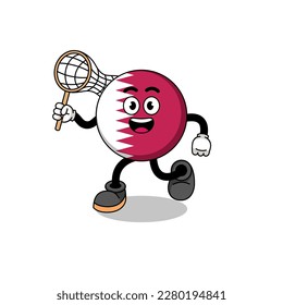 Cartoon of qatar flag catching a butterfly , character design