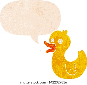 caricatura que agita al pato con burbuja de habla en un estilo retro angustiado y texturado