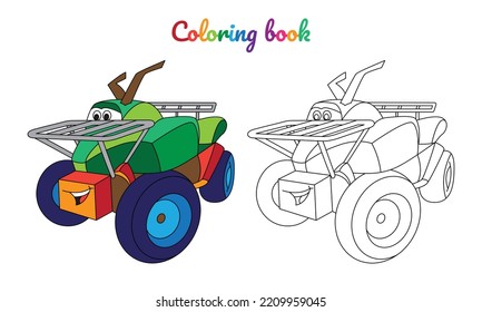 Cartoon quad bike for boys. Small funny vector cute vehicle with eyes and mouth. Comic character for kids on white background. Coloring page for children, color and linear illustration.