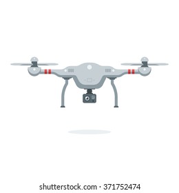 Cartoon quadcopter. Remote drone with a camera taking photography or video recording. Vector illustration. Flat design style