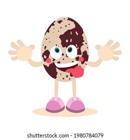 Cartoon Quail Egg. An Egg With A Face, Arms And Legs. Healthy And Nutritious Food. Vector Image.