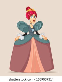 Cartoon Queen Character Wearing Golden Tiara. Queen of hearts vector character in vintage costume
