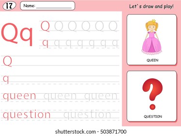 Cartoon queen and question. Alphabet tracing worksheet: writing A-Z, coloring book and educational game for kids