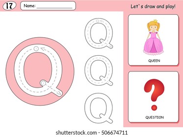 Cartoon queen and question. Alphabet tracing worksheet: writing A-Z, coloring book and educational game for kids