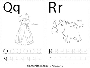 Cartoon queen and rhino. Alphabet tracing worksheet: writing A-Z, coloring book and educational game for kids