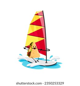 Cartoon quesadilla tex mex food character enjoy windsurfing sport during summer vacation. Funny vector sportsman personage race water waves on sail. Watersport recreation, holidays activity, relax