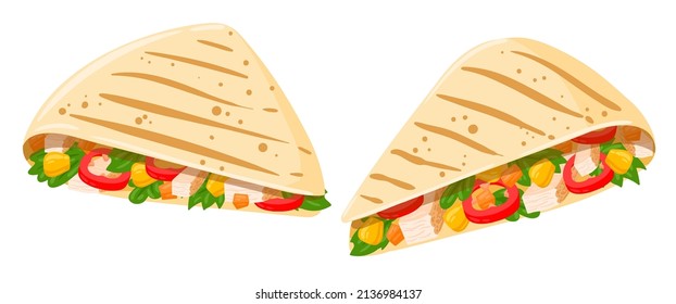 Cartoon quesadillas with meat and vegetables, vector illustration. Mexican traditional food. Isolated on white background.