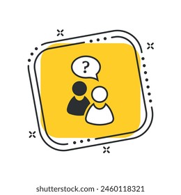 Cartoon question mark icon vector illustration. A group of people talk on isolated yellow square background. Ask sign concept.