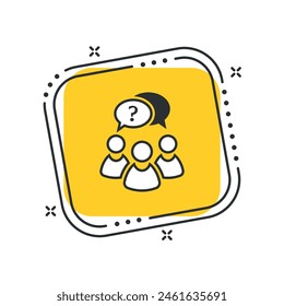 Ilustración vectorial de icono de signo de interrogación de dibujos animados. Un grupo de personas habla sobre un fondo cuadrado amarillo aislado. Pregunte el concepto de signo.