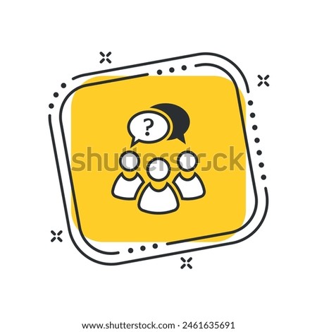 Cartoon question mark icon vector illustration. A group of people talk on isolated yellow square background. Ask sign concept.