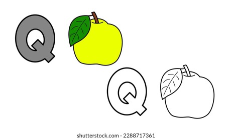 Cartoon quince fruit and letter Q coloring book vector illustration for children