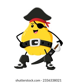 Cartoon quince fruit pirate and corsair character with saber. Vector happy smiling buccaneer in captain cocked hat and eye patch. Isolated freebooter or picaroon book or game personage with sword