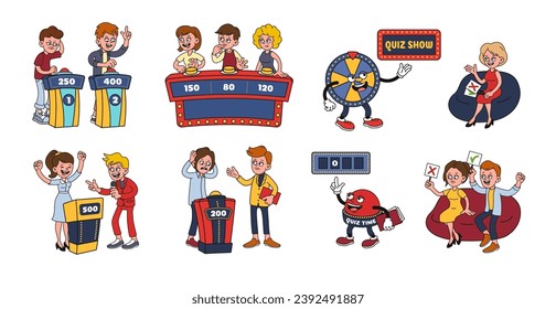 Cartoon quiz game show mascot. Erudite quiz time in style of 1930s rubber hose animation characters. Isolated vector illustration set of quiz show game