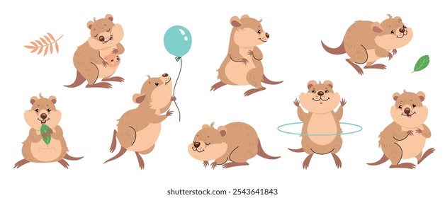 Cartoon Quokka. Lustige Quokka halten Blatt und Ballon, springen und tun Übungen. Kleines australisches Tier mit Baby, niedliche Wallaby heutzutage Vektorsatz