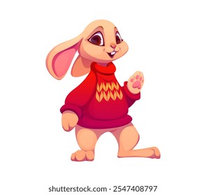 Cartoon rabbit animal character in knit Christmas sweater. Isolated vector cheerful forest bunny personage exudes festive charm, donning a cozy knit clothes, adorned with playful Xmas holiday patterns