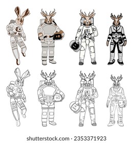 Cartoon rabbit in an astronaut`s space suit. Character in space