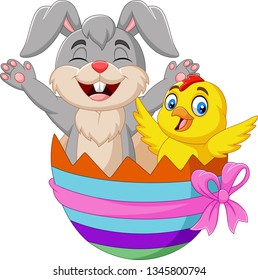 Cartoon rabbit and baby chick inside an Easter egg