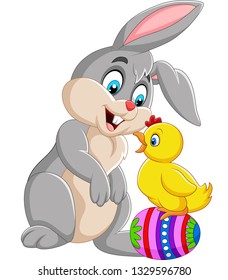 Cartoon rabbit with a baby chick standing on Easter egg