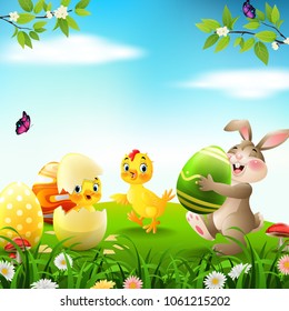 Cartoon rabbit with baby chicken and duckling in the field 