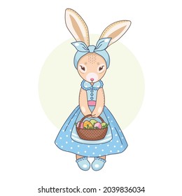 Cartoon rabbit with basket eggs for celebration design. Vector.
