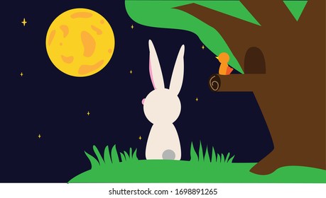 cartoon rabbit , bird on background moon and tree.