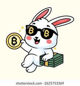 Cartoon Rabbit with Bitcoin and Money Illustration