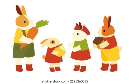 cartoon rabbit. bunny with autumn leaves. autumn cute hand drawn forest hare animal. rabbit in the garden, harvest. stock vector illustration isolated on white background.