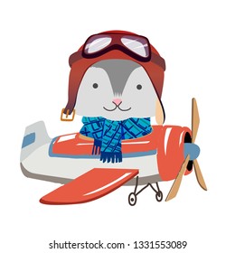 Cartoon rabbit, bunny fly on a airplane. Image for children clothes, postcards.
