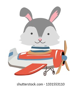 Cartoon rabbit, bunny fly on a airplane. Image for children clothes, postcards.