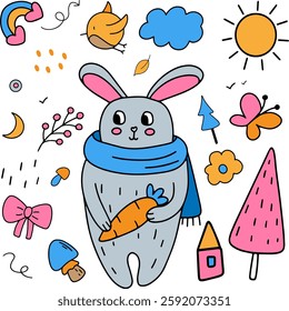 Cartoon rabbit with carrot and blue scarf in children's hand-drawn style, on background with sun, rainbow, flowers, bow, trees, house, butterfly and bird for design, pattern, wallpaper