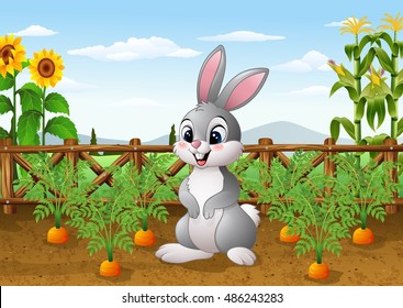 Cartoon rabbit with carrot plant in the garden