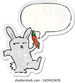 conejo de dibujos animados con zanahoria con burbuja de habla angustiado viejo pegatina angustiado