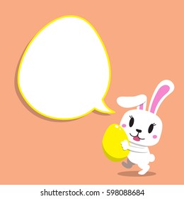 Cartoon rabbit carrying easter egg with speech bubble