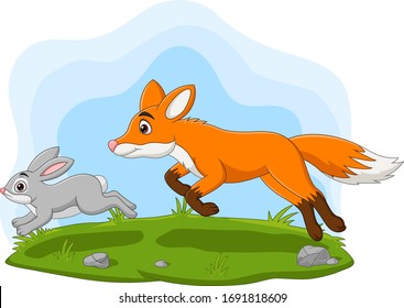 Cartoon rabbit chased by fox in the forest