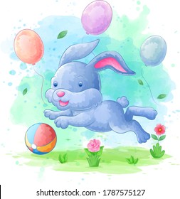 cartoon rabbit chasing ball with watercolor and balloon backgrounds