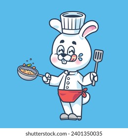 Cartoon rabbit chef mascot cooking fried rice