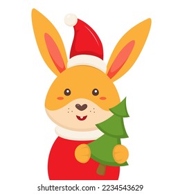 Cartoon rabbit with Christmas tree. Christmas vector illustration 