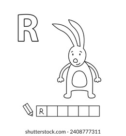 Cartoon rabbit coloring pages. Learning game for small children - write a word in English language. Vector alphabet for kids