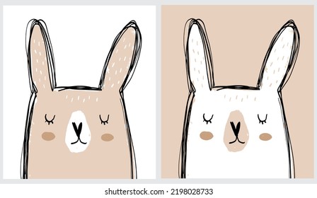 Cartoon Rabbit. Cute Hand Drawn Vector Illustration with Easter Bunny on a White and Beige Background. Cool Easter Holidays Card. Simple Infantile Style Print with Rabbit ideal for Card, Wall Art.