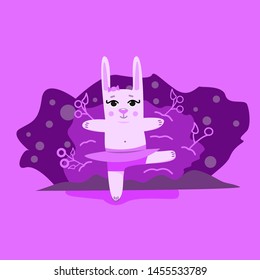 Cartoon rabbit dancing on the background of plants. Drawing in monochrome scale.