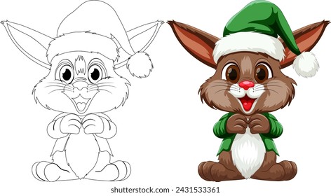 Cartoon rabbit dressed in Christmas elf attire.