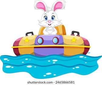 Cartoon rabbit driving a colorful bumper boat