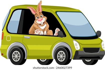 Cartoon rabbit driving a small green vehicle
