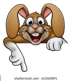 A cartoon rabbit or Easter bunny peeking over a sign and pointing