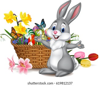 Cartoon rabbit with Easter egg in the basket